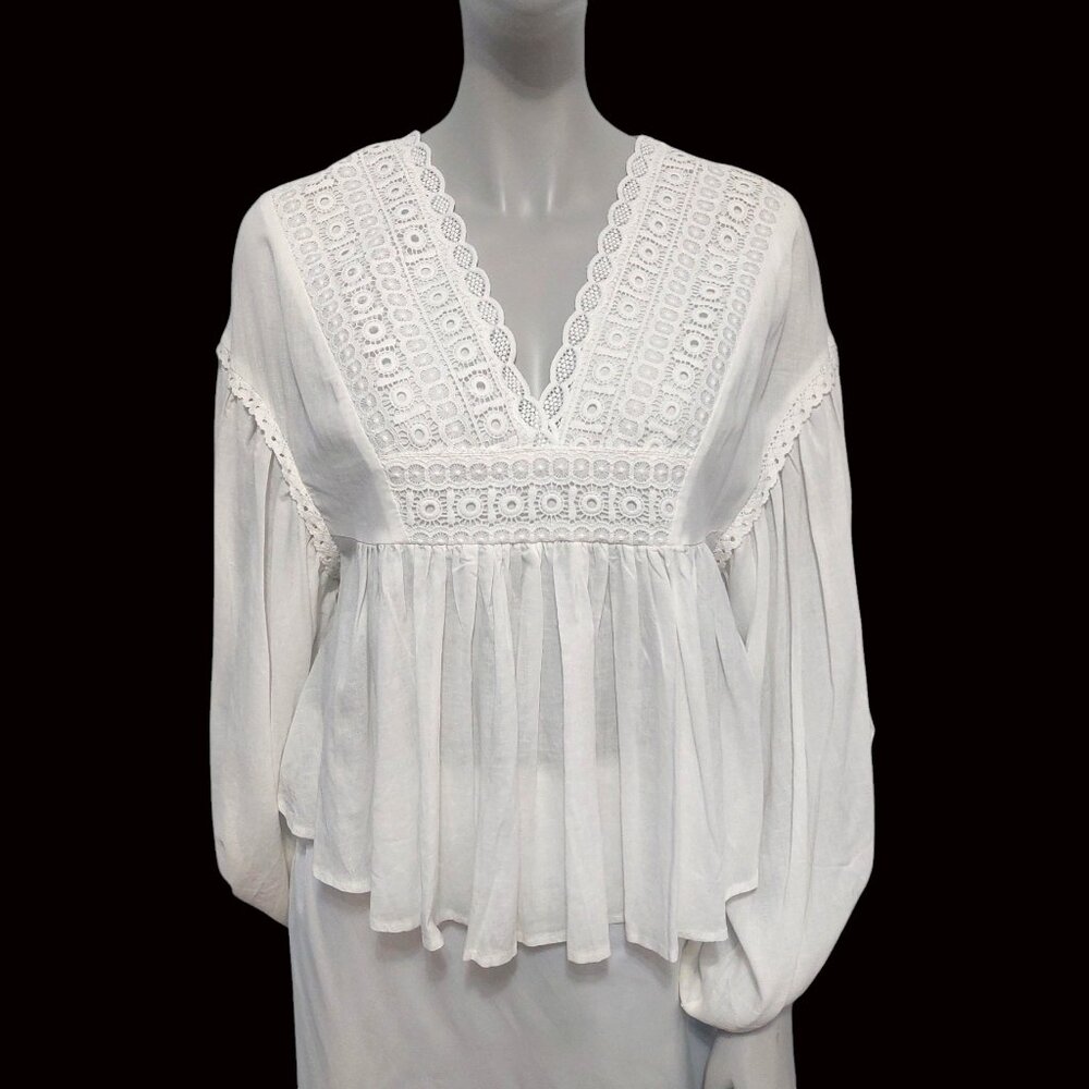 White Boho Lace Babydoll Blouse XS Linen V Neck Long Sleeve Peasant